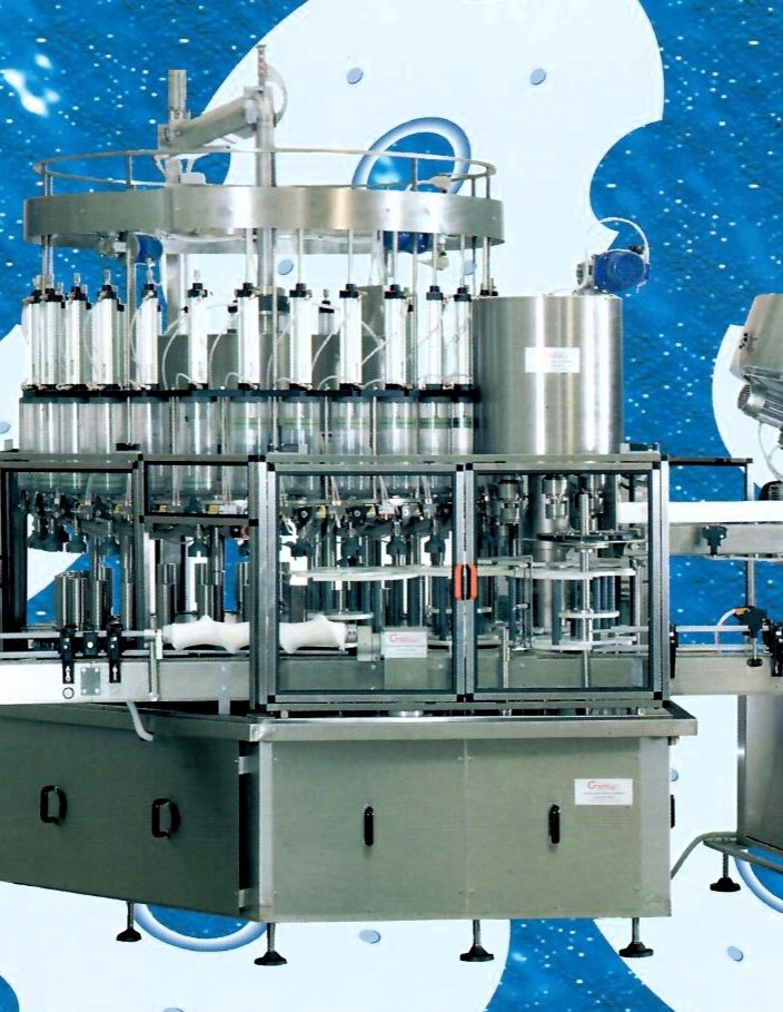 Monoblocco, macchina automatica per il riempimento e tappatura di bottiglie e flaconi.