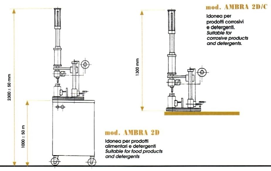 Schema tecnico di una dosatrice semiautomatica con misure dettagliate.